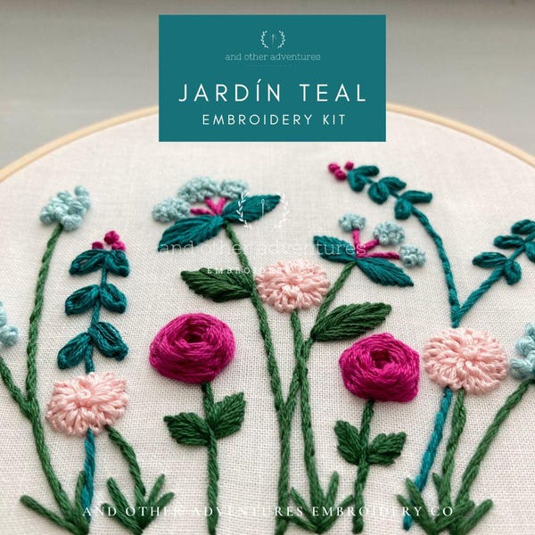 Jardín in Teal Hand Embroidery Kit - Beginner DIY Jewel Tone Flowers
