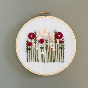 Beginner Hand Embroidery PATTERN Wildwood PDF Download, Hand Embroidered Flowers, DIY Valentine Craft Project, Pink and Green Hoop Art image 3