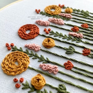 Beginner Hand Embroidery PATTERN, Autumn Embroidery Project, Hand Embroidered Wildflowers, DIY Fall Hoop Art, Rust and Mustard