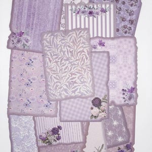 May include: A collection of rectangular paper sheets featuring various lavender and purple patterns, including floral motifs, stripes, gingham checks, and intricate botanical designs with deckled edges, arranged in a layered, overlapping collage.
