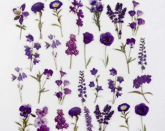 Purple Flower Stickers PET Transparent, Vintage Floral Journaling Stickers for Scrapbooking, Aesthetic Botanical Decals, 40 Pcs
