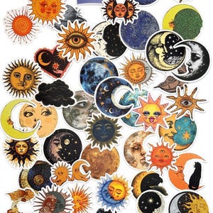May include: A collection of assorted die-cut stickers featuring celestial themes, including various suns, moons, and planets with anthropomorphic faces, starry night skies, clouds, and silhouettes, all rendered in a diverse colour palette.