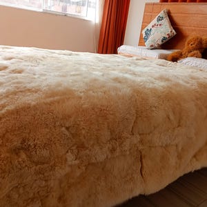 Puede incluir: Una manta grande, esponjosa y beige cubre una cama. La manta tiene una apariencia gruesa y texturizada. En el fondo se ven un cabecero de madera y almohadas decorativas. Un pequeño oso de peluche está sentado en la cama.