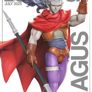 Peut inclure: Une figurine de collection Magus avec de longs cheveux gris flottants, des oreilles pointues et des yeux rouges. Le personnage porte une cape rouge, des gants marron, une armure de poitrine orange et un pantalon violet, tenant une longue faux.