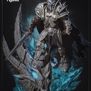 May include: A detailed figurine of a warrior in silver and dark grey plate armour with skull motifs, wearing a dark cape and holding a long sword. The figure stands atop a large, grey dragon head sculpture surrounded by glowing blue crystal shards.