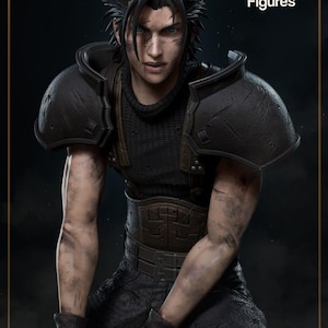 May include: A detailed figurine of a spiky-haired character with a scarred face, wearing dark shoulder armor, a textured black shirt, and a wide brown belt. The figure has dirt smudges on the skin and holds a handle. Text reads nom nom Figures.