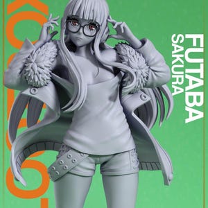 May include: A gray monochrome anime-style figure of Futaba Sakura with long hair, wearing glasses, a tank top, shorts, and a jacket with fur-trimmed cuffs. The figure is set against a green background with text reading nomnom Figures, FUTABA SAKURA, and PATREON RELEASE JUNE 2024.