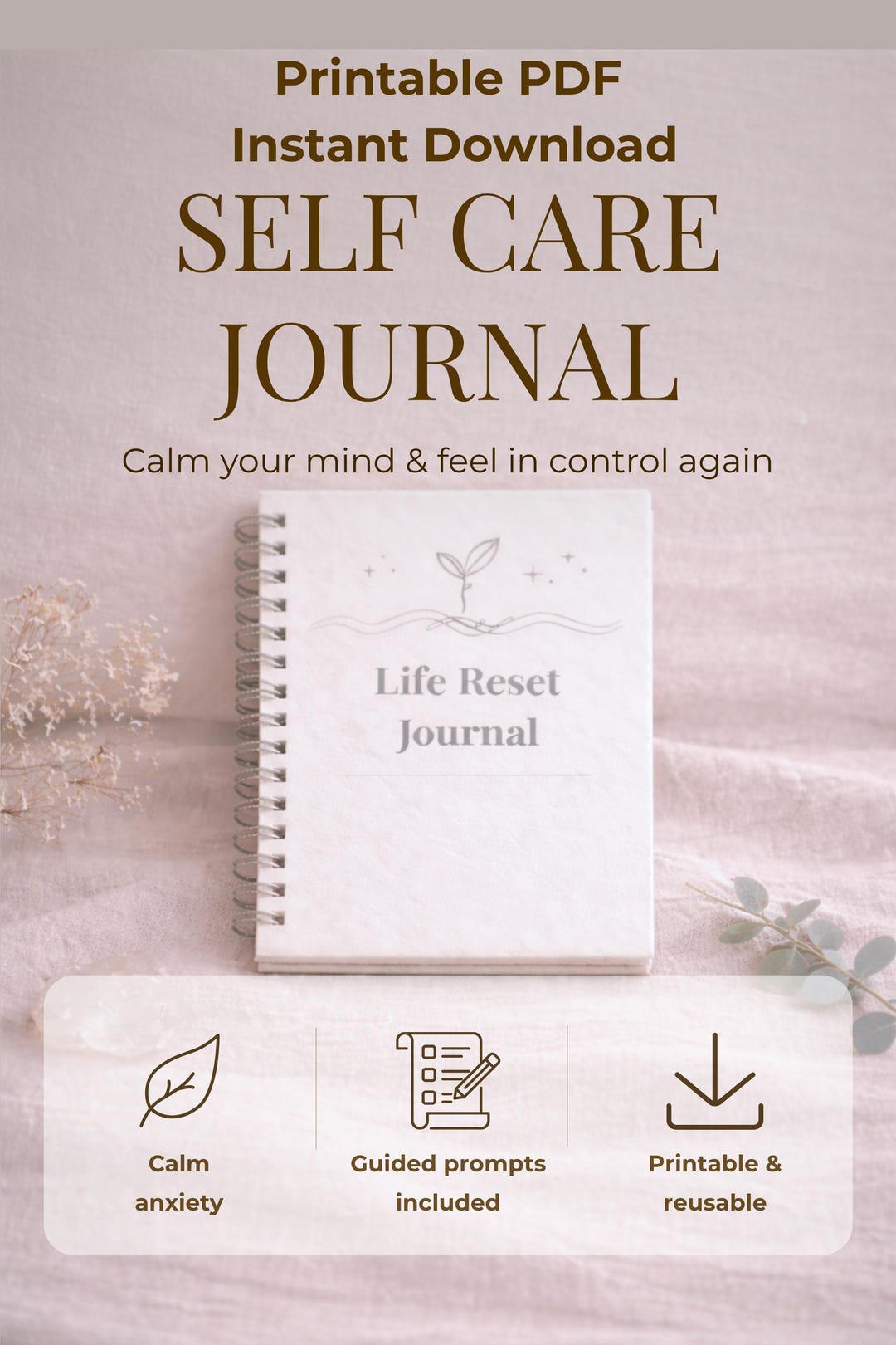 Self Care Journal Printable Reset Journal for Women Anxiety Relief ...