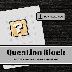 May include: A pixel art design of a question block, with a yellow center and black outline, on a pegboard. The text "Question Block" is displayed below the design, along with the pegboard size and bead size. A "Download Now" button is in the upper right corner.