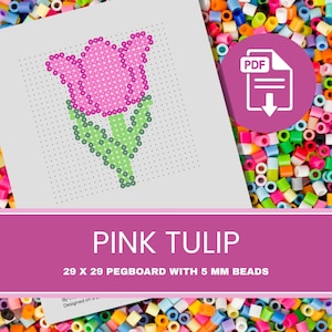 Peut inclure: Un motif de tulipe rose réalisé avec des perles colorées sur une plaque à picots. Le motif est sur un fond blanc avec une bannière rose qui indique "PINK TULIP" et "29 X 29 PEGBOARD WITH 5 MM BEADS". Une icône PDF est dans le coin supérieur droit.