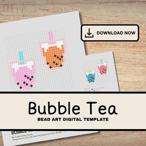 Op de afbeelding: Digitaal kralenkunst sjabloon met bubble tea ontwerpen. De afbeelding toont twee grotere bubble tea patronen in roze en oranje, en twee kleinere in blauw en roze. De tekst "Bubble Tea" en "Download Now" zijn ook zichtbaar.