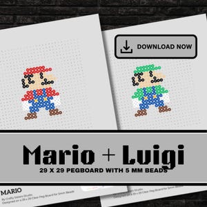May include: Two pixel art designs of Mario and Luigi, each on a pegboard. Mario is in red, blue, and brown, while Luigi is in green, blue, and brown. The text "Mario + Luigi" is displayed below the images, along with "29 X 29 PEGBOARD WITH 5 MM BEADS."