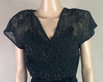 Vintage 1950s Black Crepe Beaded Lace Dress Small