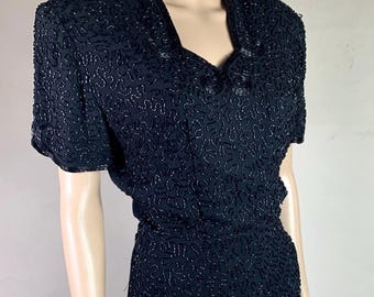 Vintage 1940s Hand Beaded Black Crepe Dress
