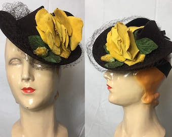 Vintage 1940s Brown Felt Hat w Yellow Flower by Henry Pollack One Size