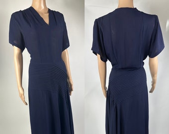 Vintage 1940s Rayon Nylon Blend Navy Dress Lg