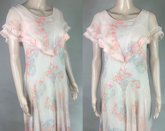 Vintage 1920s 1930s Pink Floral Crepe Chiffon Dress