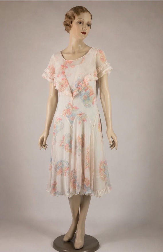 Vintage 1920s 1930s Pink Floral Crepe Chiffon Dress