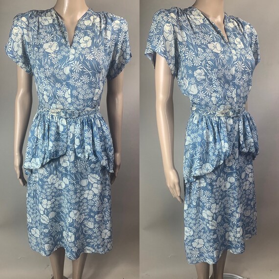 Vintage 1940s Blue and White Floral Dress Med Lg
