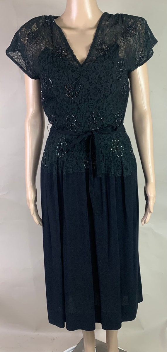 Vintage 1950s Black Crepe Beaded Lace Dress Small