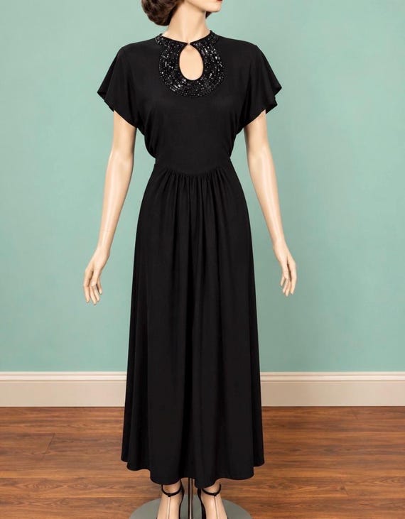 1940s Black Beaded Key Hole Gown by Barbara Claire