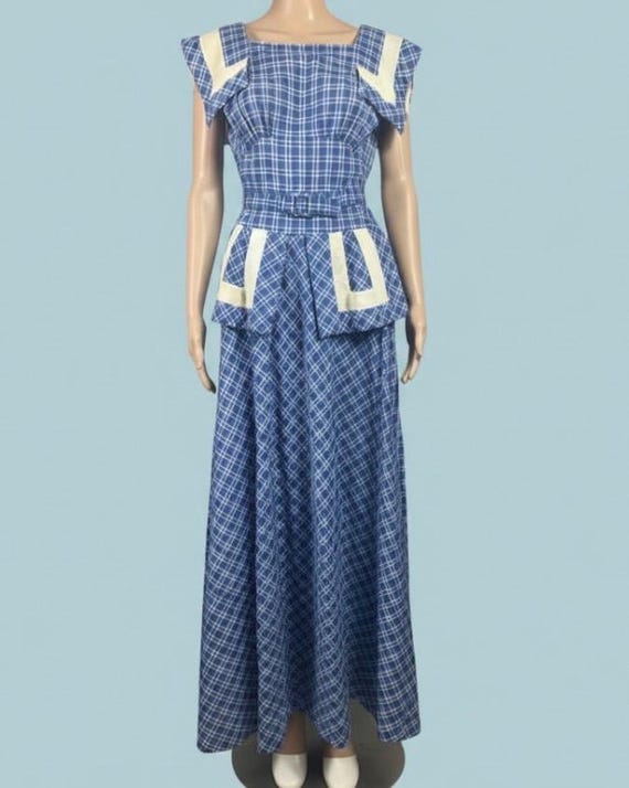 Vintage 1940s Blue White Check Long Picnic Dress Small Vicky Ann Frocks
