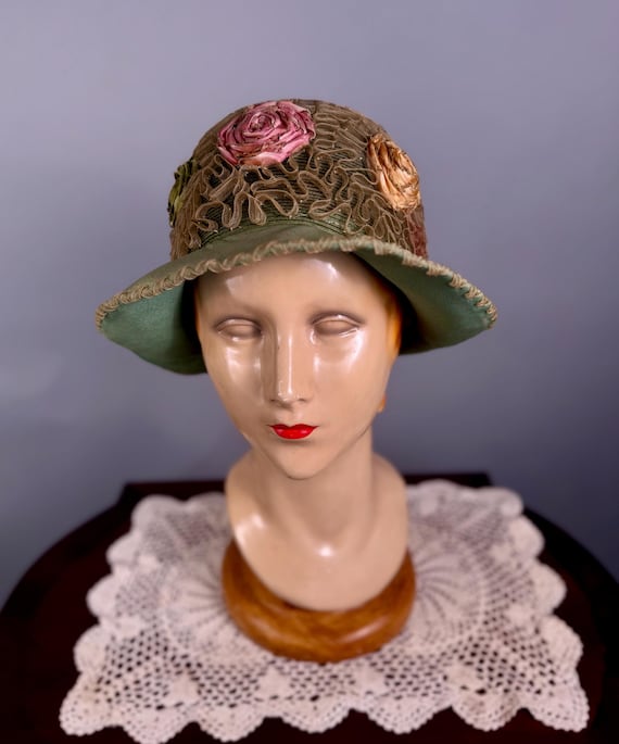 Vintage Mint Taffeta Brimmed Cloche w Silk Rosettes and Cellulose Ribbon
