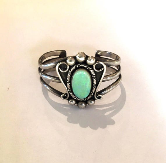 Vintage 1980s Sterling Silver and Opal Cuff Bracelet