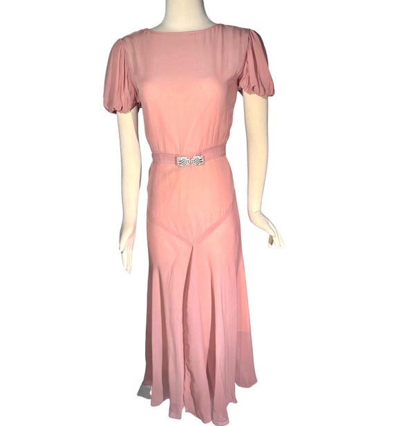 Vintage 1930s Pink Chiffon Dress w Rhinestone Dress Clip