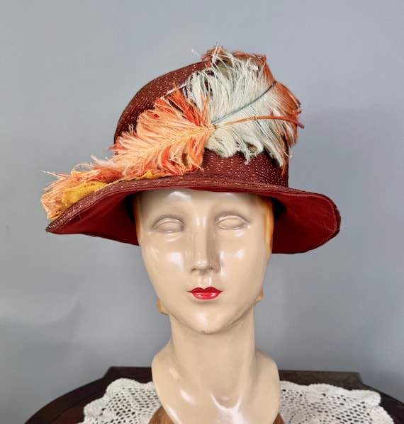 Early 1920s Rust Horsehair Wide Brim Cloche w Feather