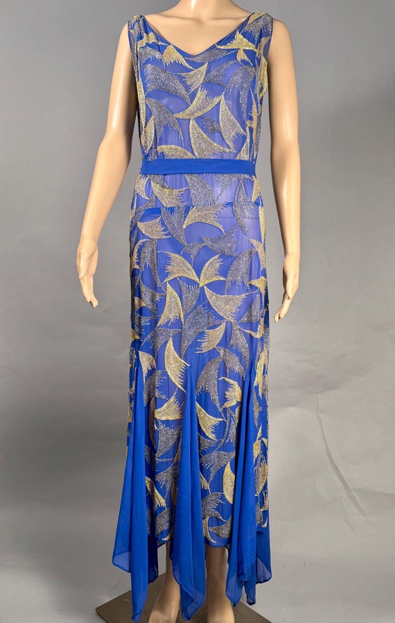 Vintage Late 1920s Early 1930s Blue Silk Chiffon Beaded Dress Made in France