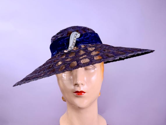 Vintage 1930s Blue Horse Hair Wide Brim Hat