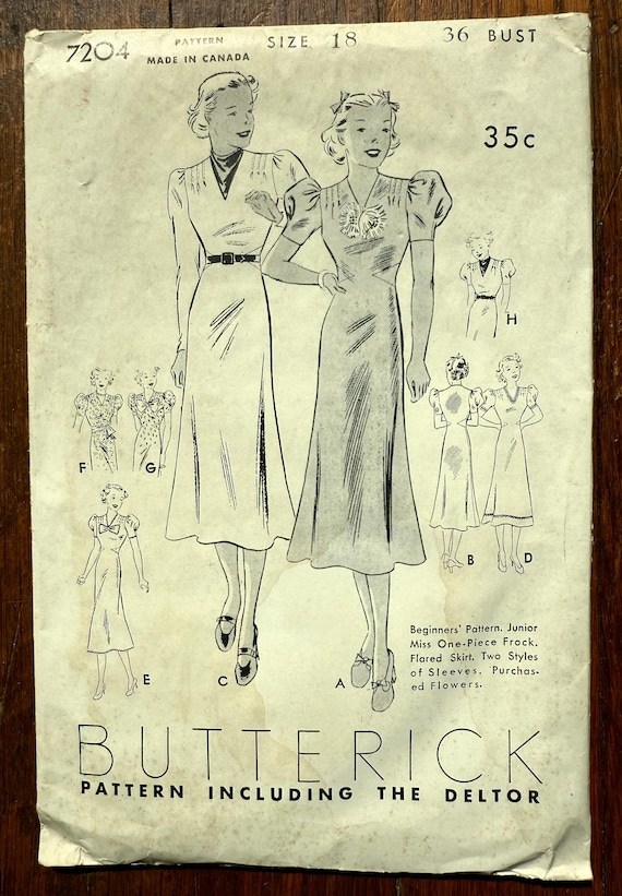 Vintage 1930s Butterick Dress Pattern 36 Bust