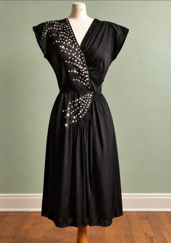 Vintage 1940s Black Rayon Dress with Rhinestones. XL