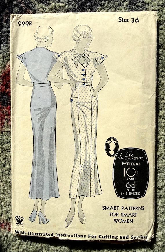 Vintage 1930s Dress Pattern by du Barry 929b Bust 36