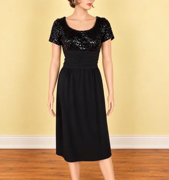 Vintage Late 1950s Early 1960s Black Silk and Sequin Dress