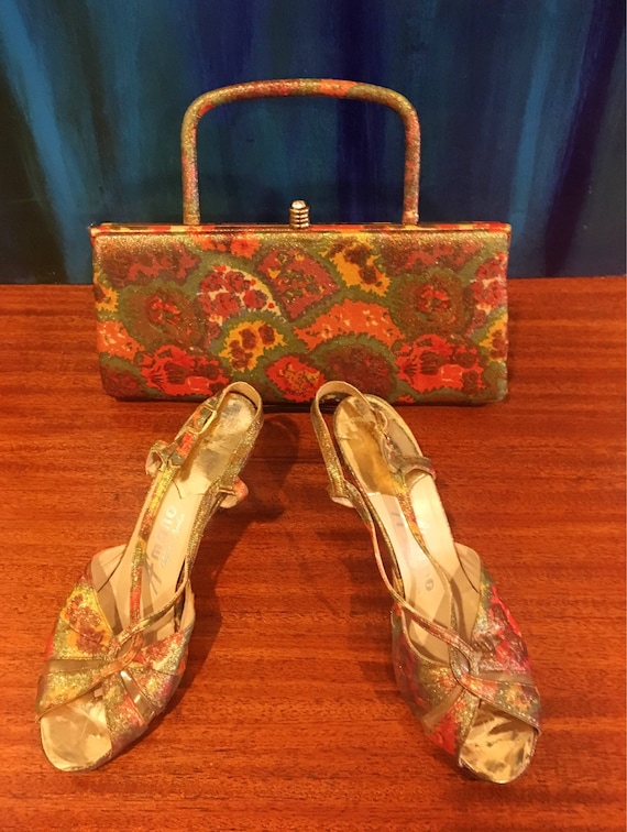 Vintage Leon of California Fabric Gold Metallic Shoe and Purse Set Rhinestone Clasp 7.5N