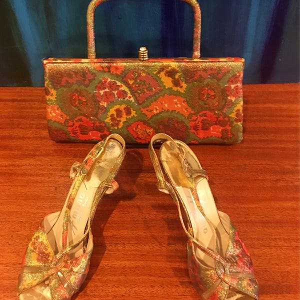 Vintage Leon of California Fabric Gold Metallic Shoe and Purse Set Rhinestone Clasp 7.5N