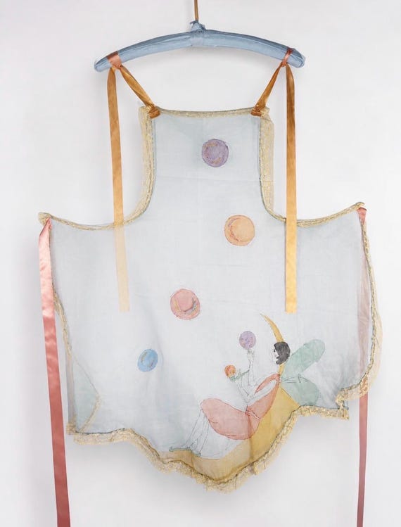 Vintage 1920s Light Blue Organza Apron with Fairy on a Half Moon