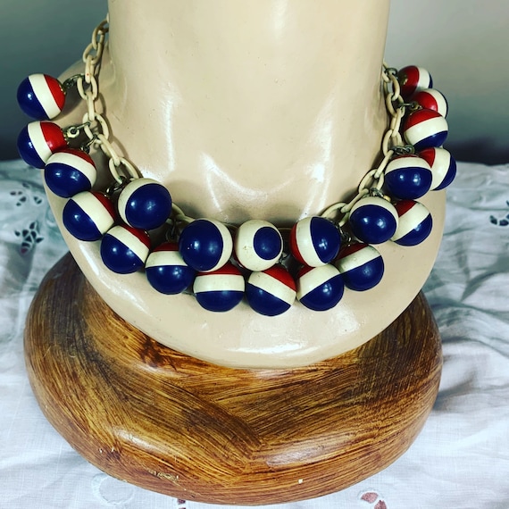 Vintage 1930s Red, White and Blue Wood Bead Necklace Celluloid Chain