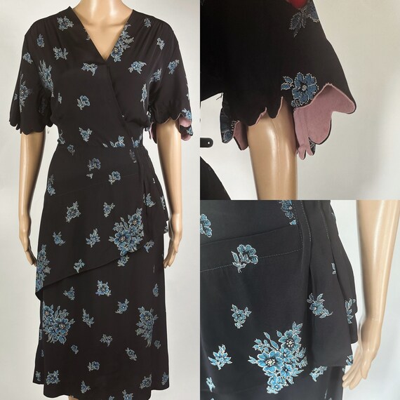 Vintage 1940s Rayon Black Floral Dress. Volup siz… - image 1
