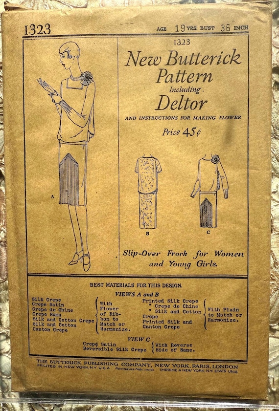 Vintage 1920s  Butterick Pattern 1323 Bust 36