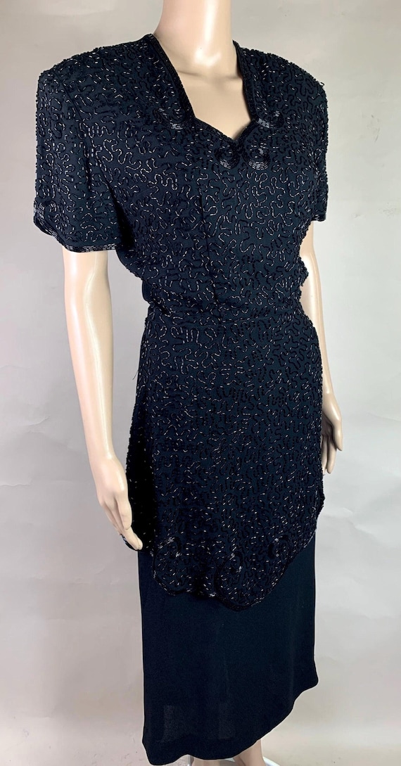 Vintage 1940s Hand Beaded Black Crepe Dress