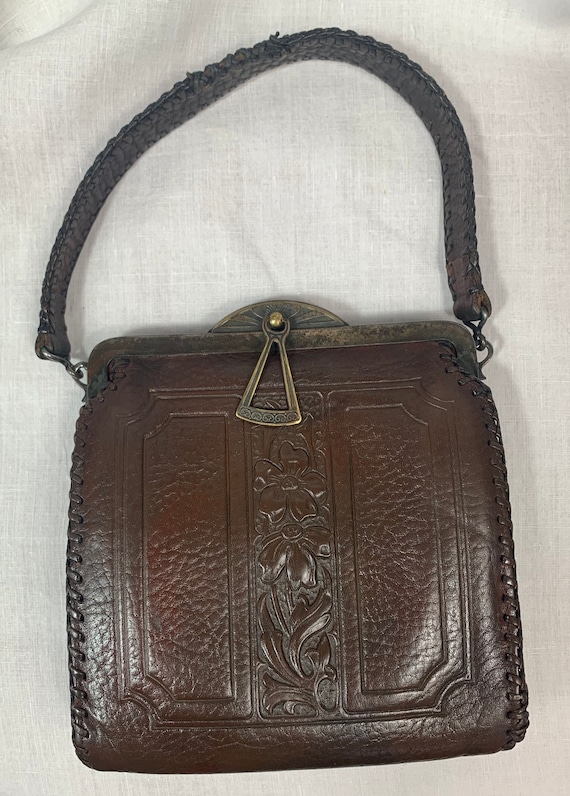 Vintage 1920s Tooled Leather Sm Bag - image 2