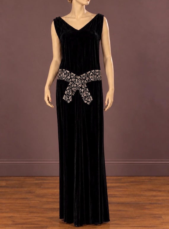 Vintage Late 1920s 1930s Black Velvet Gown w Rhinestone Accents