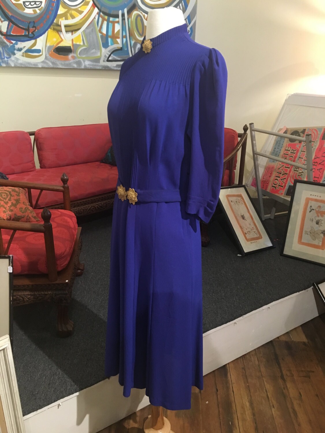 Vintage 1930s Dark Blue Purple Dress w Belt and Gold Detailing 32 Waist