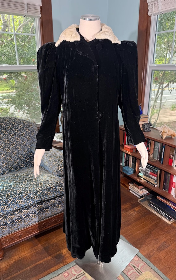 1930s Black Silk Opera Coat with White Ermine Collar