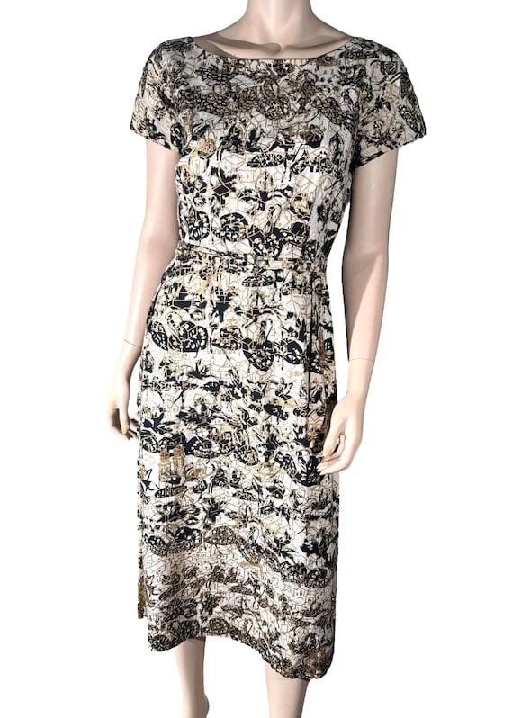 Vintage 1950s Cotton Batik Dress with Sequins & Belt - Medium