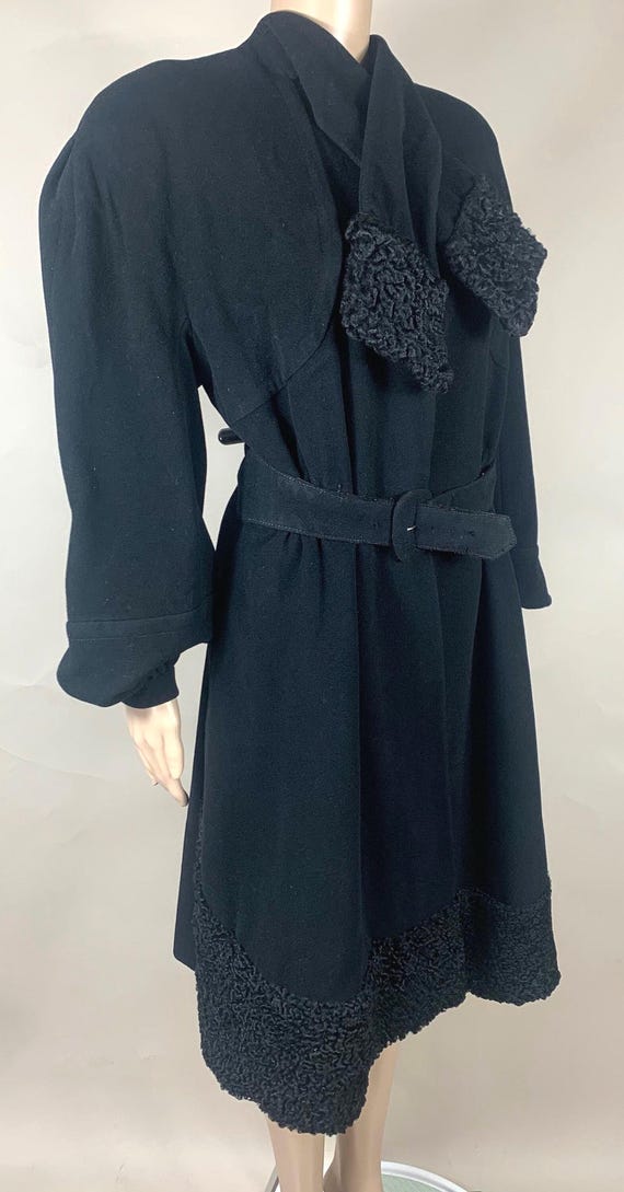 Vintage Late 1930s Black Wool Coat w Persian Lamb Trim