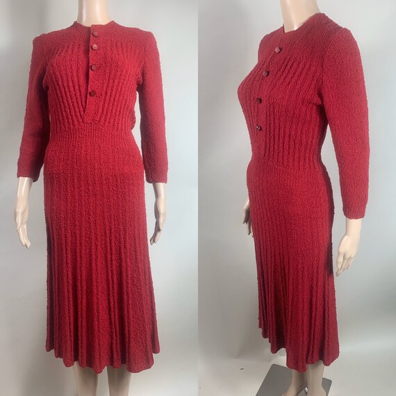 Vintage 1930s Red Ribbed Sweater Dress, Size Small